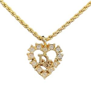 AUTH CHRISTIAN DIOR 90s Open Heart 18k Gold Crystal necklace 16” Rhinestone